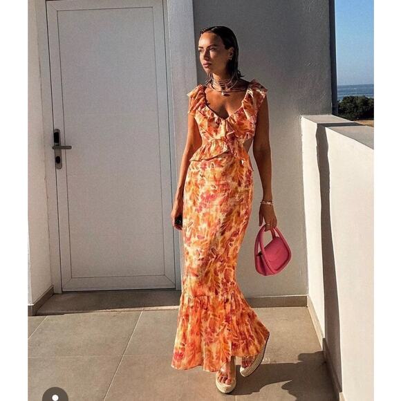 NWT! Zara Linen Floral Ruffled Midi V-Neck Dress - Blogger Favorite - Size XL - Picture 4 of 16